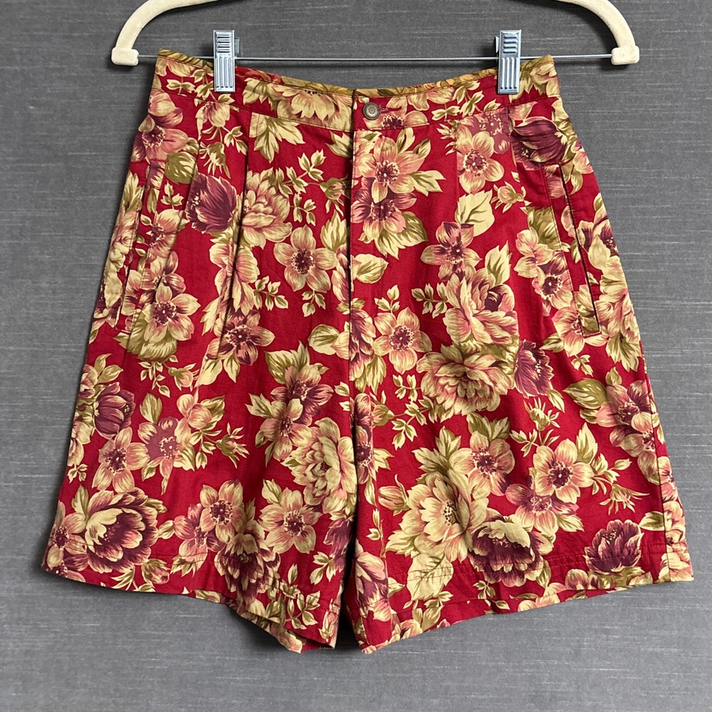 Vintage Lizsport Shorts 6 Petite Red Floral Cotton Pleated Chino 90s Boho Preppy